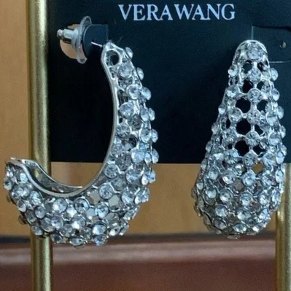 VERA WANG Glamorous Silver Clear Crystal 1.75" C Hoop Statement Earrings**NEW! - Picture 2 of 3